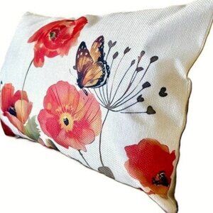 12"x20" Linen Garden Red Summer Poppies Butterfly Floral Throw Pillow Cover New